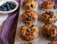 blueberry wheat germ muffins in a tray