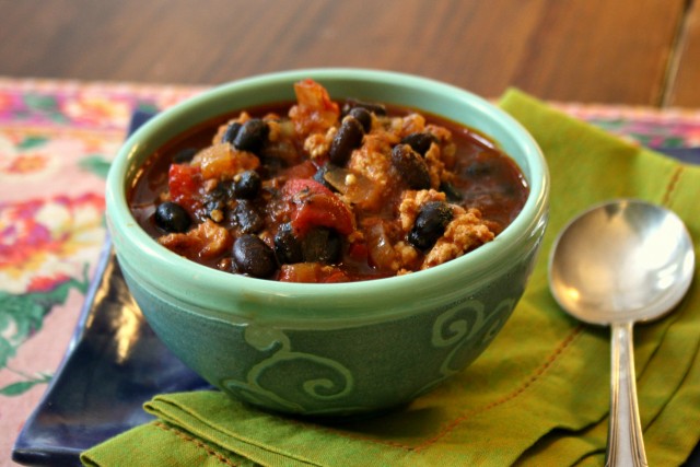 Black bean turkey chili combines some sweet with heat.
