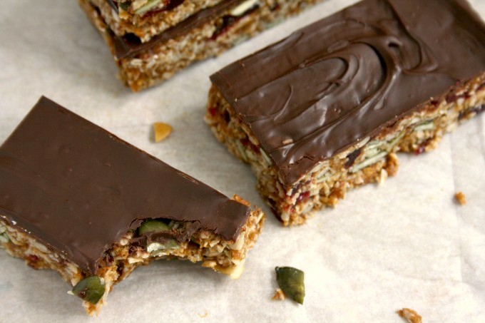 gluten free coconut cranberry granola bars with chocolate