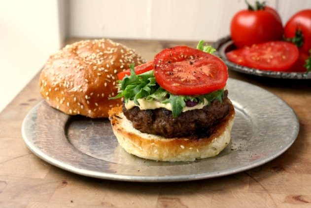 The Mo Burger, a simple flavourful burger that stays moist. Seasoned with salsa, Worcestershire sauce and molasses.