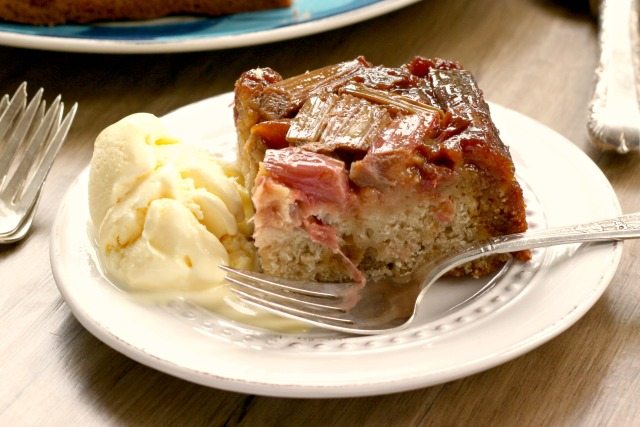 In this rhubarb upside down cake the rhubarb cooks almost into a compote and gets all the sweet that it needs from the molasses maple syrup mixture. The rhubarb is soft but still holds its shape so this cake is very pretty when you turn it out onto a plate.