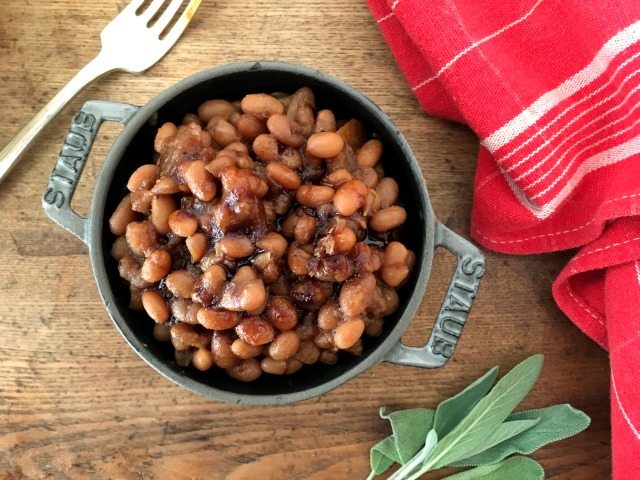 Apple Sage Baked Beans: A classic recipe for molasses baked beans seasoned with savoury sage and tart apples.
