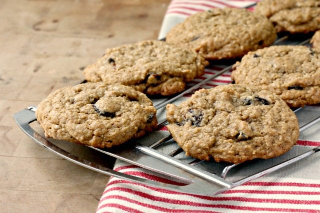 Thick and chewy oatmeal raisin cookies on cooling tray