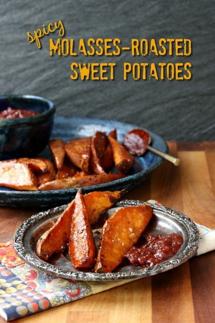 This easy recipe for spicy molasses roasted sweet potatoes makes it easy to eat more vegetables. The marinade has some tang from the vinegar and bite from the mustard and hot sauce which balance the sweet of the potatoes.