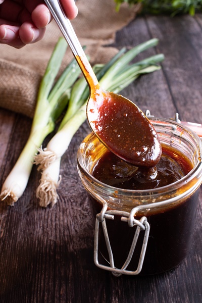 rhubarb barbecue sauce with spoon