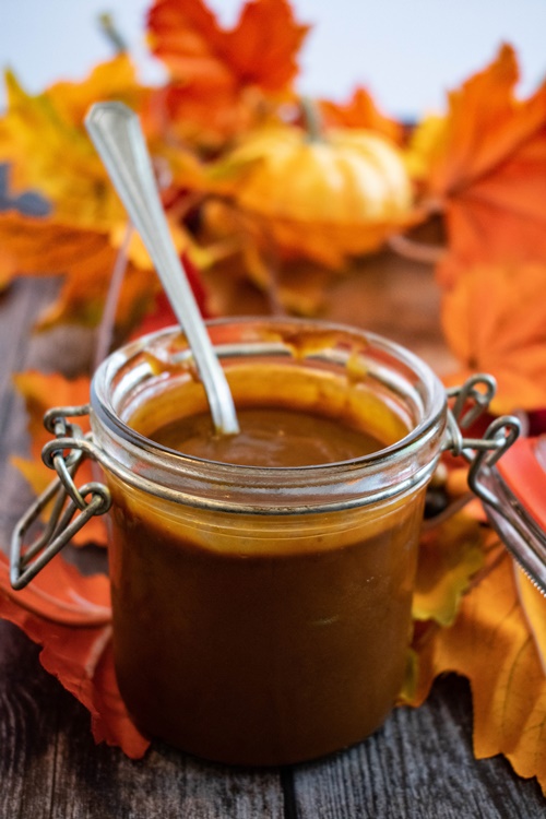Pumpkin Molasses Caramel Sauce with spoon
